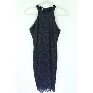 Ellies Sheath Dress Floral Lace Navy Blue High Neck Lined Juniors Small NEW